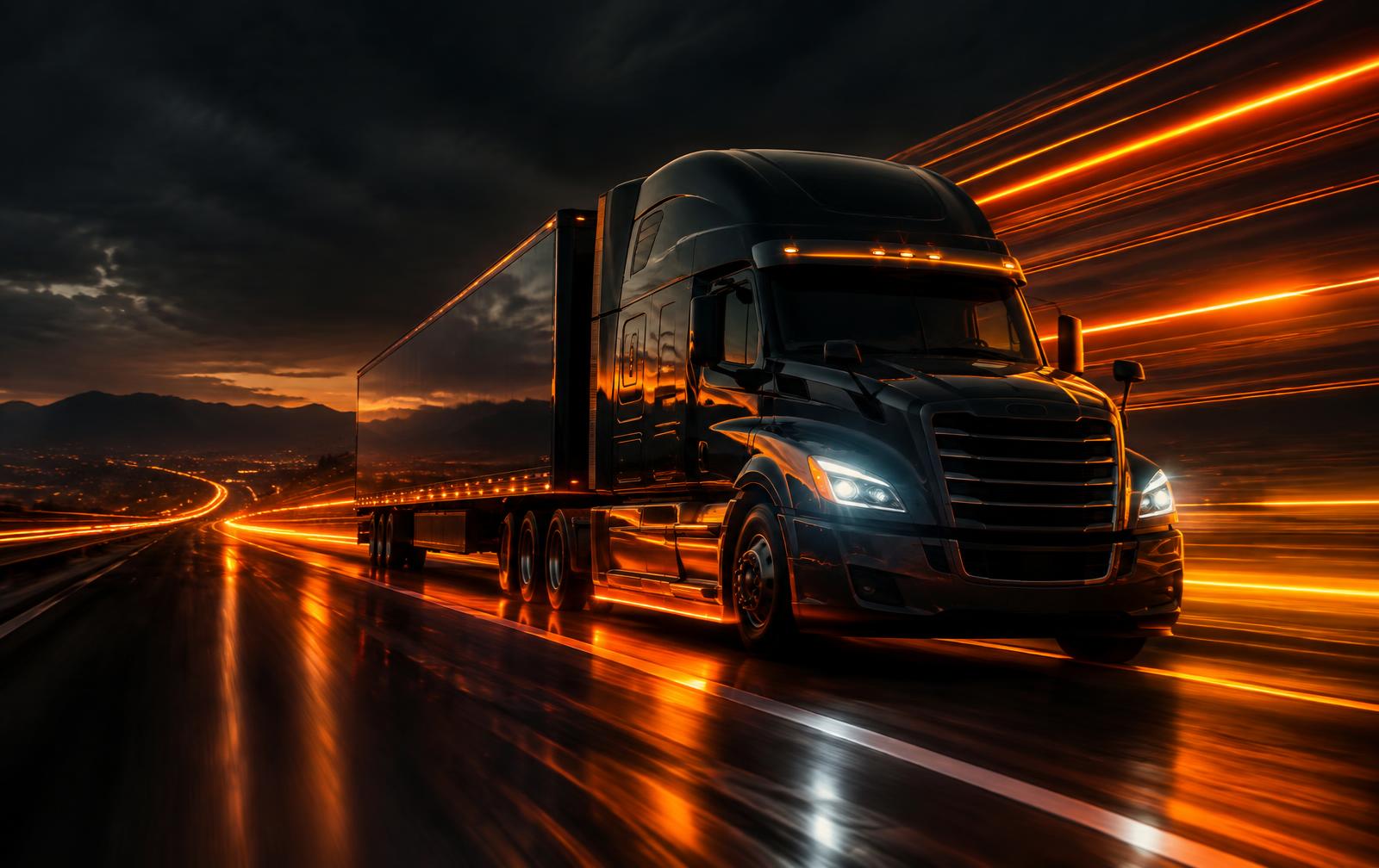 Semi truck on a highway at night with orange light trails